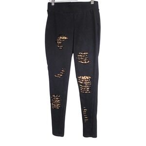 Torrid Black Leopard Print Ripped Distressed Leggings Pants Size 00 (M/L) EUC